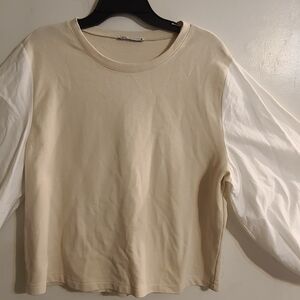 Zara Beige Top with White Balloon Sleeves Size M. Trendy/ Fashion Piece